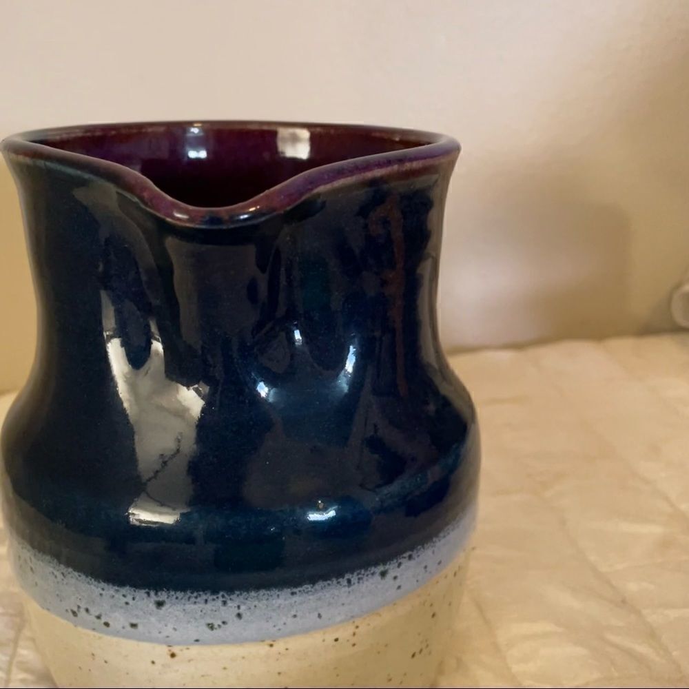 HANDMADE RUSTIC POTTERY pitcher in violets-off white - Picture 6 of 9